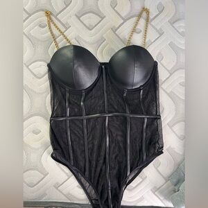 SHEIN Black Mesh Bodysuit with Gold Straps